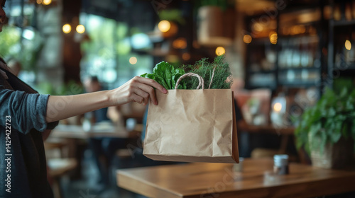 Wallpaper Mural A waitress hands an eco-friendly paper bag to a customer, emphasizing sustainable takeaway service Torontodigital.ca