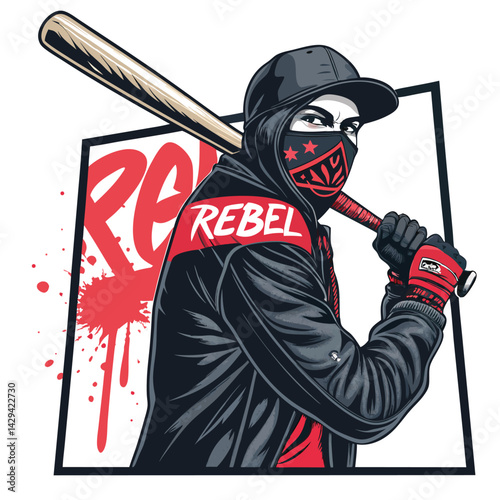 A masked urban rebel wielding a baseball bat stands defiantly before a graffitied wall, his shadowed figure a symbol of rebellion.