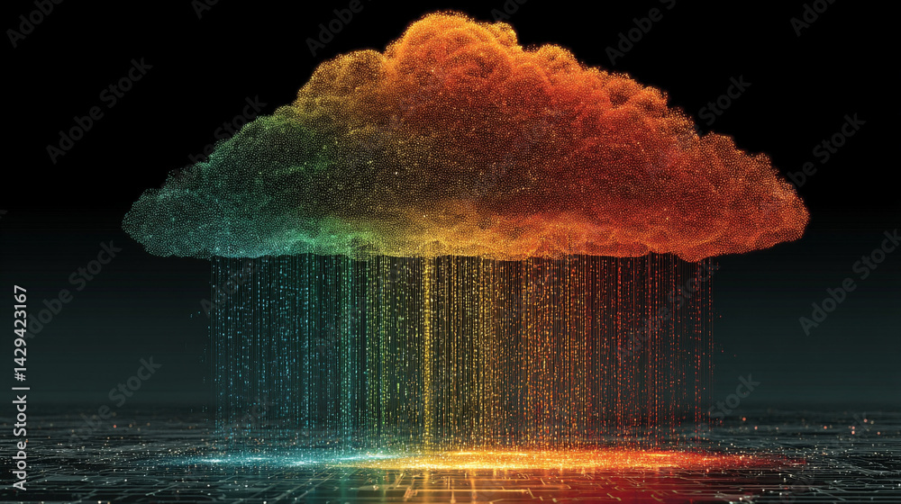 A glowing digital cloud releases streams of data like futuristic rain symbolizing the seamless flow of information connectivity cloud storage and the evolution of cloud computing technology