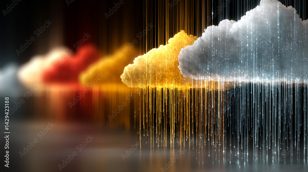 A glowing digital cloud releases streams of data like futuristic rain symbolizing the seamless flow of information connectivity cloud storage and the evolution of cloud computing technology