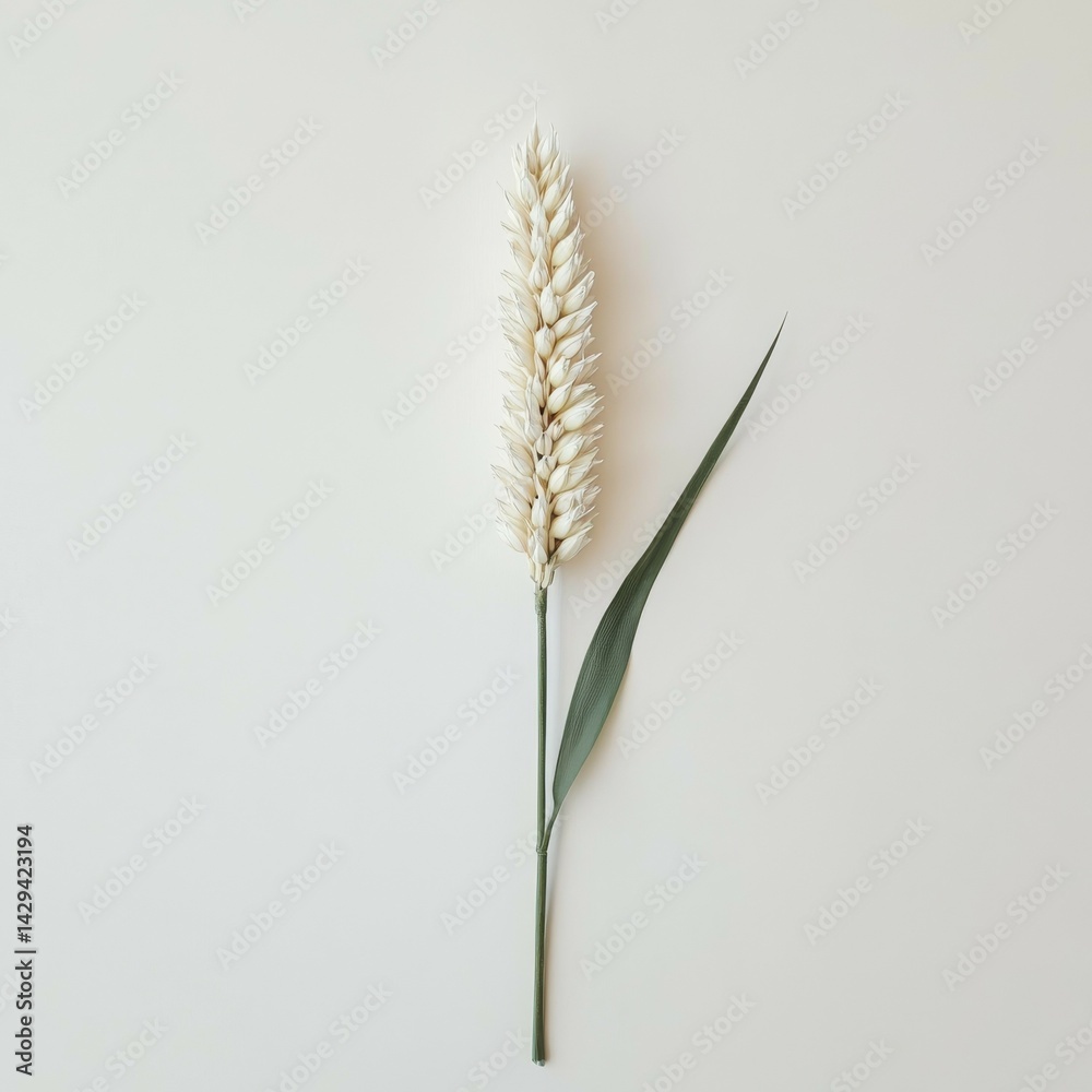 Fototapeta premium Minimalist Still-Life of a Single Wheat Stalk with Textured Grain Head and Green Leaf on Light Neutral Background, Emphasizing Naturalness, Agriculture and Organic Farming Themes for