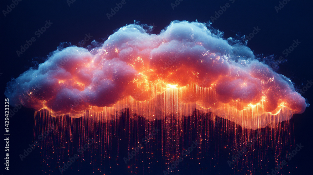 A glowing digital cloud releases streams of data like futuristic rain symbolizing the seamless flow of information connectivity cloud storage and the evolution of cloud computing technology