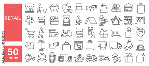 Set of 50 line icons related to retail, store, shop, purchase, market, products, payment, kiosk, stall, shopping, Editable stroke. Vector illustration