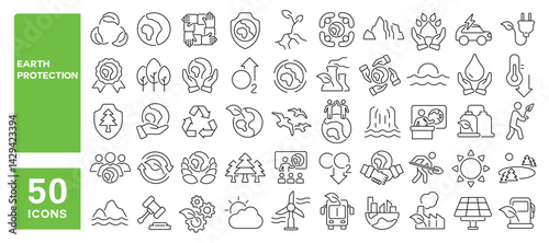 Set of 50 line icons related to earth protection, environmental, ecology, sustainable, reduce emissions, pure nature, save energy, green globe, Editable stroke. Vector illustration