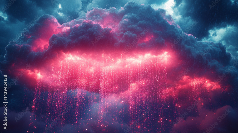 A glowing digital cloud releases streams of data like futuristic rain symbolizing the seamless flow of information connectivity cloud storage and the evolution of cloud computing technology
