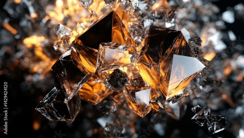 Abstract shattered geometric crystals in fiery explosion