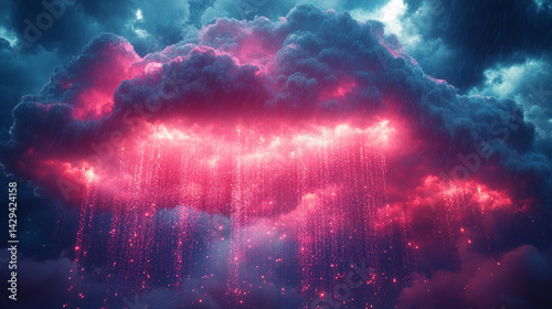 Obraz na płótnie A glowing digital cloud releases streams of data like futuristic rain symbolizing the seamless flow of information connectivity cloud storage and the evolution of cloud computing technology
w salonie