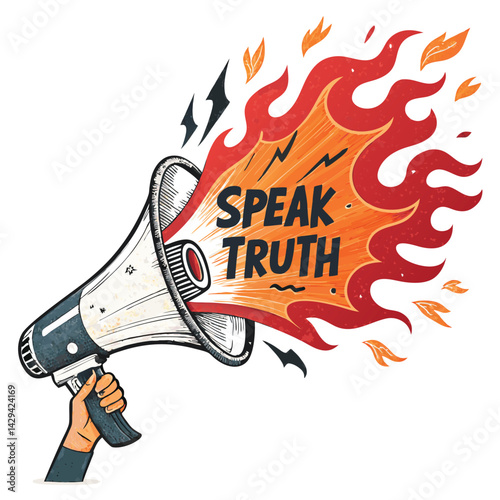 A fiery megaphone, engulfed in flames, spewing fire, with "Speak Truth" graffiti boldly stenciled on its side.  Realistic, gritty style.
