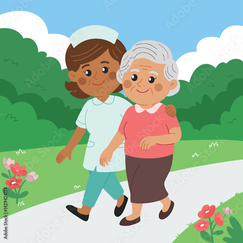 an elderly couple walking down a path
