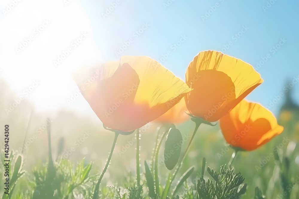 Obraz premium Vibrant Orange Poppies in Sunny Field Meadow
