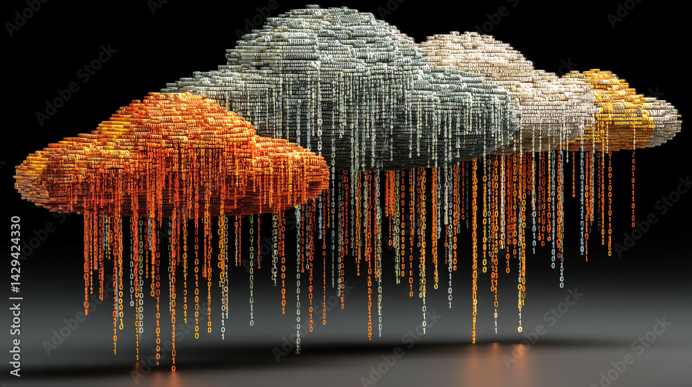 A glowing digital cloud releases streams of data like futuristic rain symbolizing the seamless flow of information connectivity cloud storage and the evolution of cloud computing technology