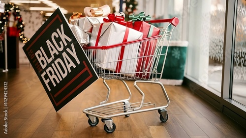 Overflowing Shopping Cart with Wrapped Gifts and 
