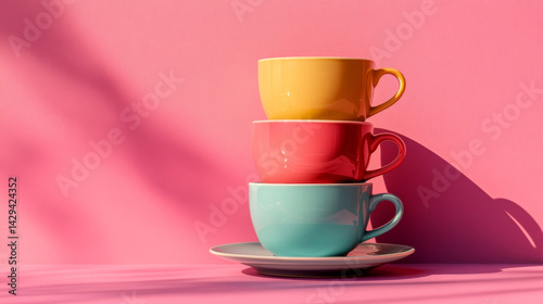 Wallpaper Mural Bright ceramic mugs stack atop a round saucer, standing out against a vibrant pink backdrop Torontodigital.ca