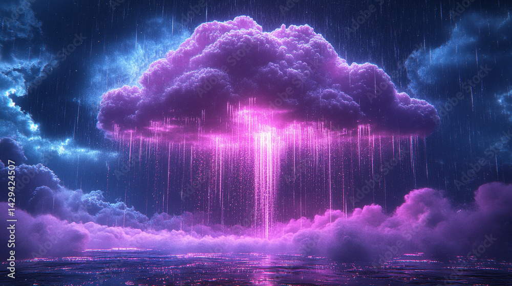 A glowing digital cloud releases streams of data like futuristic rain symbolizing the seamless flow of information connectivity cloud storage and the evolution of cloud computing technology