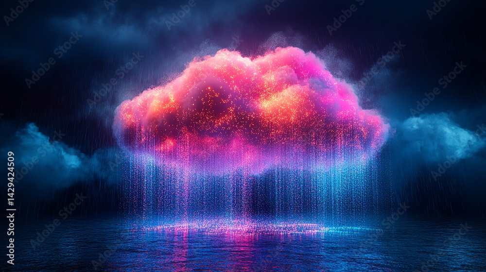 A glowing digital cloud releases streams of data like futuristic rain symbolizing the seamless flow of information connectivity cloud storage and the evolution of cloud computing technology