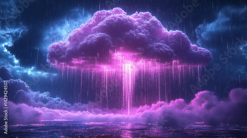 A glowing digital cloud releases streams of data like futuristic rain symbolizing the seamless flow of information connectivity cloud storage and the evolution of cloud computing technology

