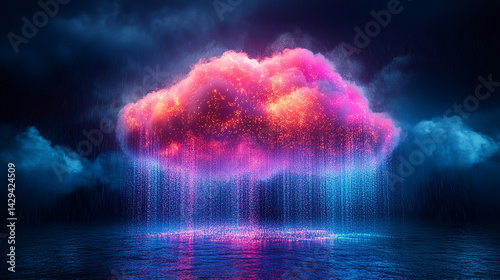Obraz na płótnie A glowing digital cloud releases streams of data like futuristic rain symbolizing the seamless flow of information connectivity cloud storage and the evolution of cloud computing technology
w salonie