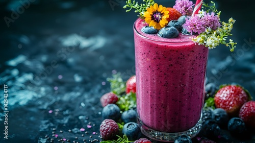 A vibrant and delicious berry smoothie garnished with edible flowers and fresh berries sits in a tall glass on a dark background ready for enjoyment.