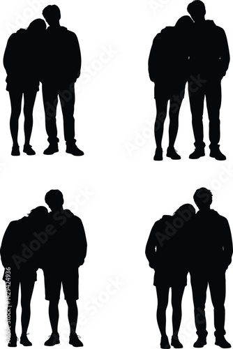 Silhouette Vector Set of Teenage Couple – Girl Resting Head on Boy’s Shoulder, Casual Pose