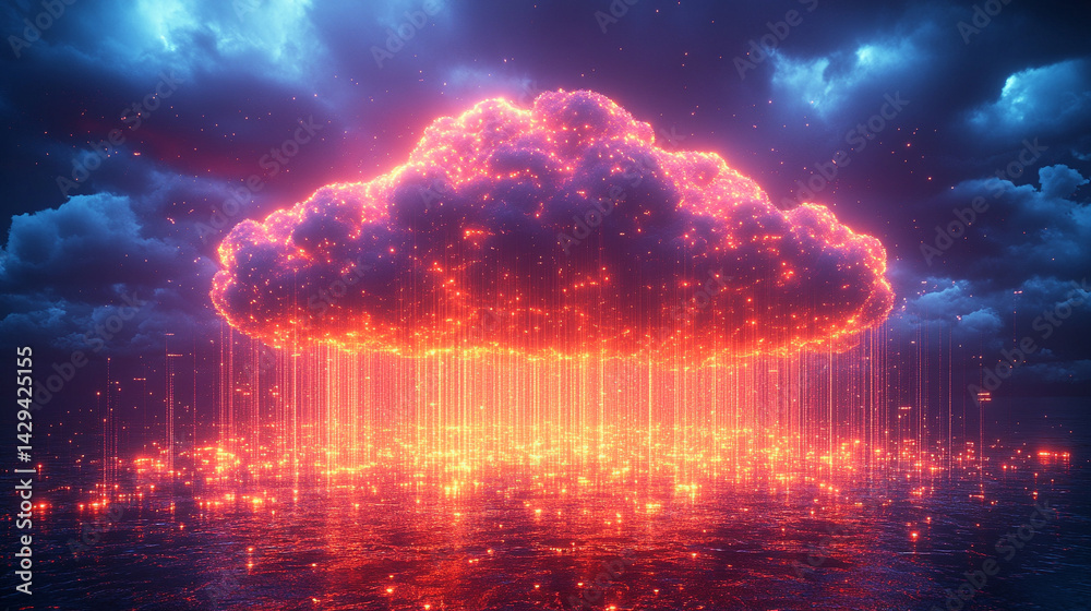 A glowing digital cloud releases streams of data like futuristic rain symbolizing the seamless flow of information connectivity cloud storage and the evolution of cloud computing technology