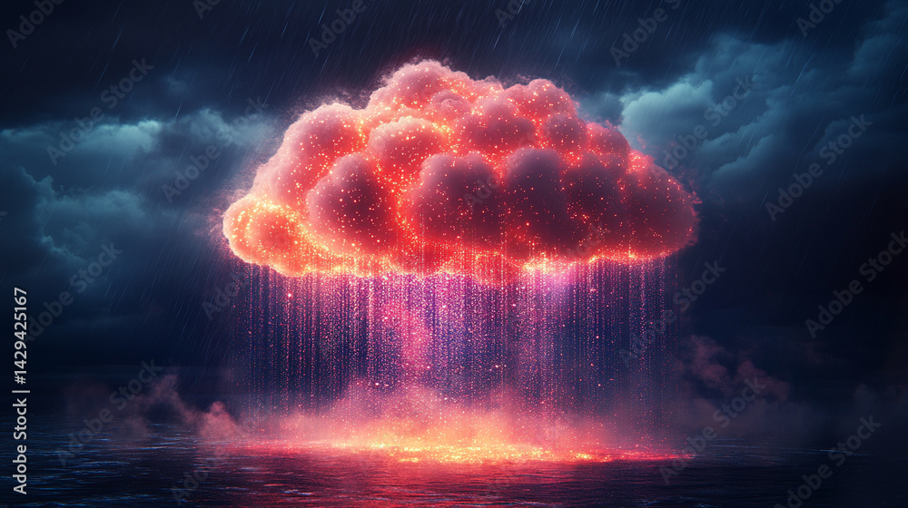 A glowing digital cloud releases streams of data like futuristic rain symbolizing the seamless flow of information connectivity cloud storage and the evolution of cloud computing technology