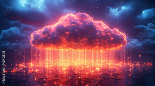 Obraz na płótnie A glowing digital cloud releases streams of data like futuristic rain symbolizing the seamless flow of information connectivity cloud storage and the evolution of cloud computing technology
w salonie
