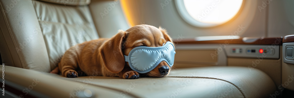 dachshund dog sleeps with sleep mask on plane