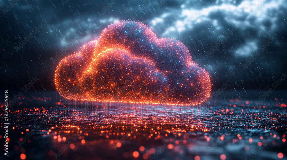 A glowing digital cloud releases streams of data like futuristic rain symbolizing the seamless flow of information connectivity cloud storage and the evolution of cloud computing technology