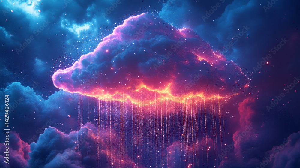 A glowing digital cloud releases streams of data like futuristic rain symbolizing the seamless flow of information connectivity cloud storage and the evolution of cloud computing technology