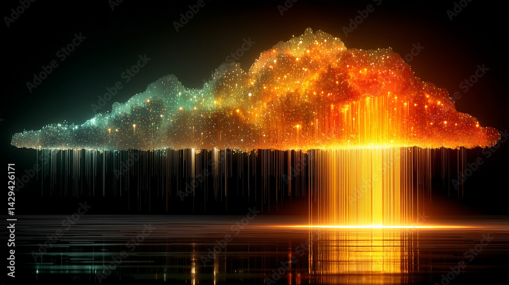 A glowing digital cloud releases streams of data like futuristic rain symbolizing the seamless flow of information connectivity cloud storage and the evolution of cloud computing technology