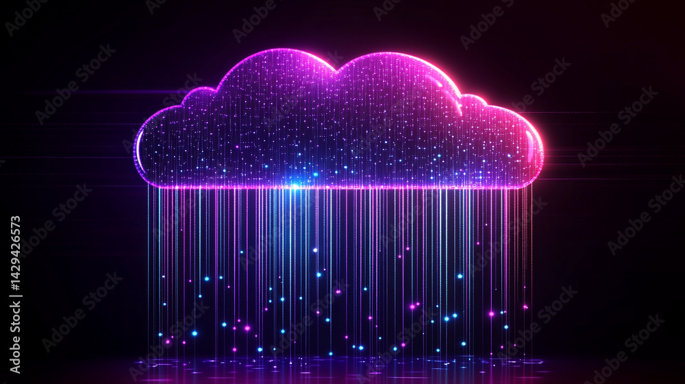 A glowing digital cloud releases streams of data like futuristic rain symbolizing the seamless flow of information connectivity cloud storage and the evolution of cloud computing technology