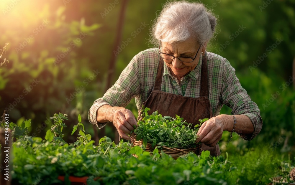 Fototapeta premium Elderly Woman Harvesting Fresh Herbs in a Vibrant Garden