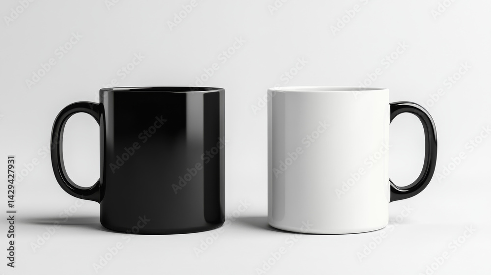 Two blank ceramic mugs, one black and one white, stand isolated against a clean white backdrop with space for custom designs Two blank ceramic mugs, one black and one white, stand isolated against a clean white backdrop with space for custom designs