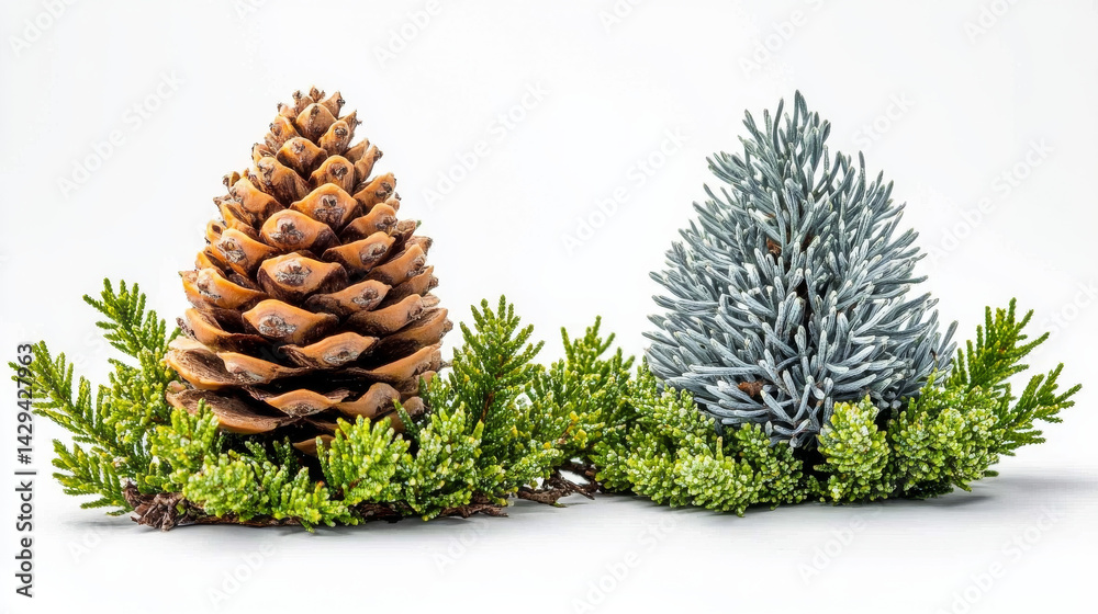 Fototapeta premium Two distinct cones from different coniferous trees are shown isolated on white, ideal for botanical study or nature design