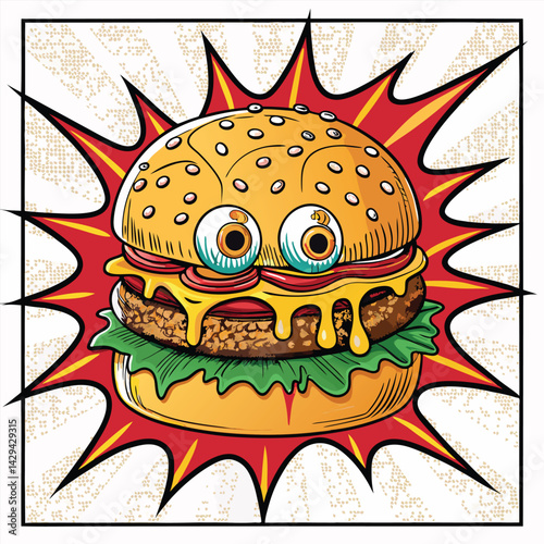 Surreal digital painting of a melting fast food burger with gooey cheese and visible eyeballs inside, depicting the unsettling consequences of fast food consumption.