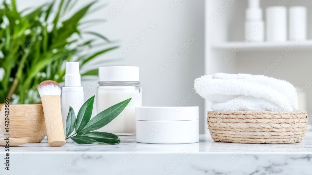 Elegant vanity setup with skincare products and natural decor for self-care and relaxation Elegant vanity setup with skincare products and natural decor for self-care and relaxation