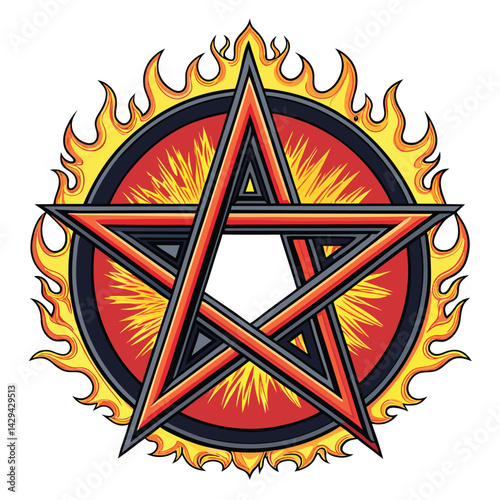 A heavy metal band performs fiercely within a fiery pentagram, flames licking the metallic framework.  Detailed, dark, and dramatic.