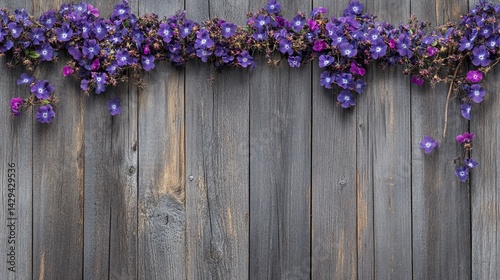 Rustic wood fence adorned with purple flowers