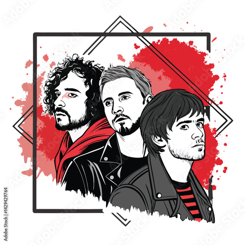Create a minimalist line art illustration of a music band, featuring bold, abstract color splashes behind the band members.  Emphasis on clean lines and vibrant color contrasts.