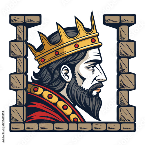 A detailed painting of a medieval king's weathered head, his cracked gold crown nestled within, showcasing intricate details of age and decay.