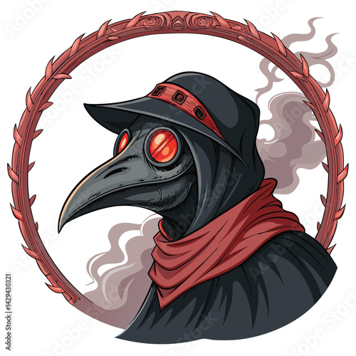 A detailed illustration of a medieval plague doctor's head, featuring a decaying, skeletal face with one glowing, crimson eye, set against a dark, ominous background.