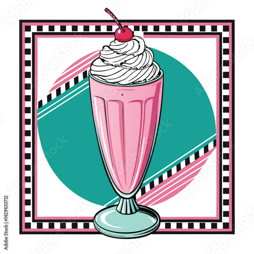 Retro-styled illustration of a milkshake glass brimming with creamy whipped cream, showcasing a vintage aesthetic.