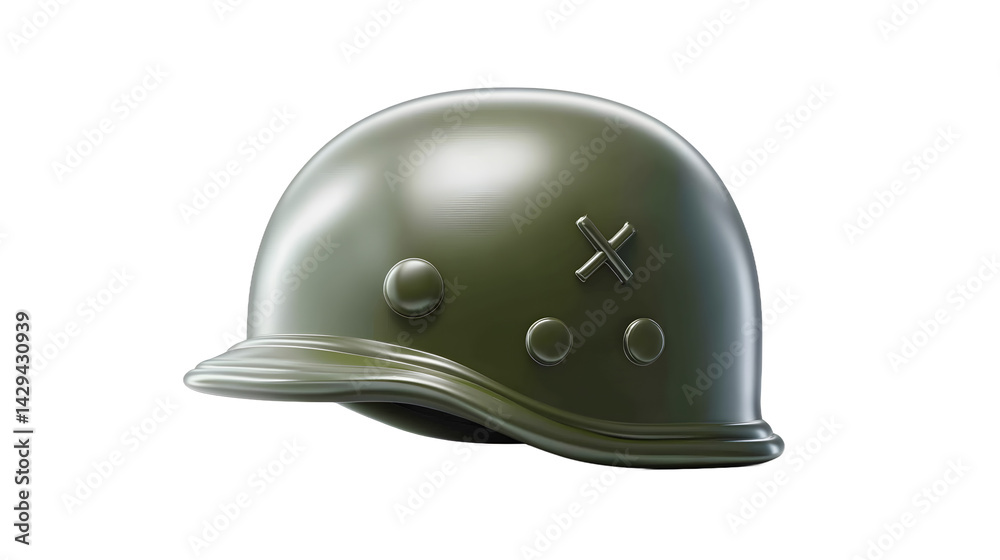 Fototapeta premium A classic military helmet in olive green, featuring distinctive markings, symbolizing strength and heritage.