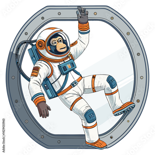 A whimsical illustration of a breakdancing monkey astronaut inside a futuristic space capsule, showcasing vibrant colors and dynamic movement.