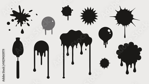 Set of grunge ink splatter. Splash of paints, spray drops, wet paint drop collection. Kit with design elements: splash and drip , blob spray. silhouette vector