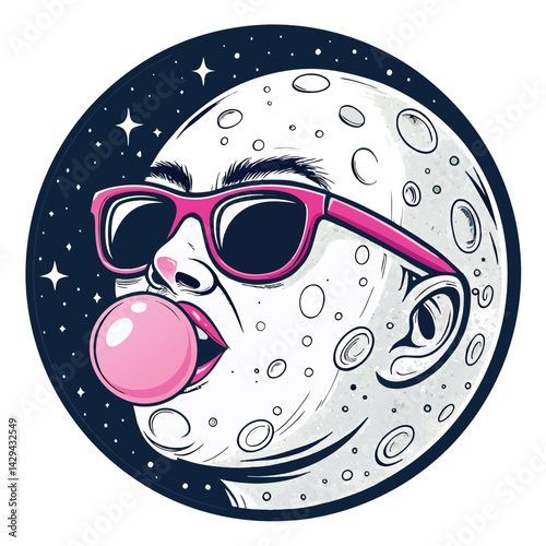 A whimsical illustration of a cartoon moon face, sporting cool sunglasses and cheerfully chewing bubblegum.  Detailed rendering needed.