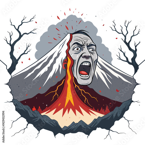 A majestic mountain, its face contorted in a scream, erupting fiery lava from a cracked ear.  Dramatic lighting emphasizes the volcanic activity.