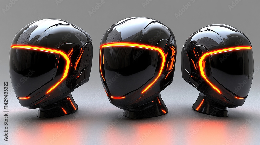 Futuristic black and orange helmet armor evokes a sleek sci-fi warrior vibe symbolizing strength speed innovation and the fusion of human resilience with high tech evolution in a glowing world