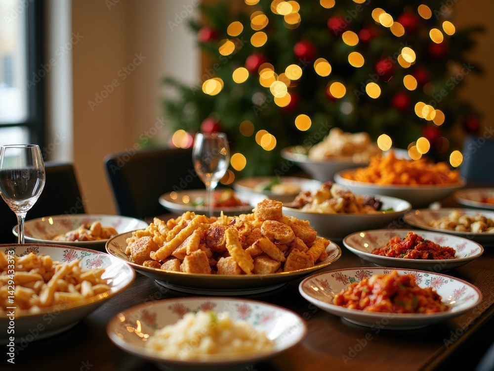 A beautifully arranged dining table showcases an array of delicious holiday meals surrounded by festive decorations, creating a joyful atmosphere.