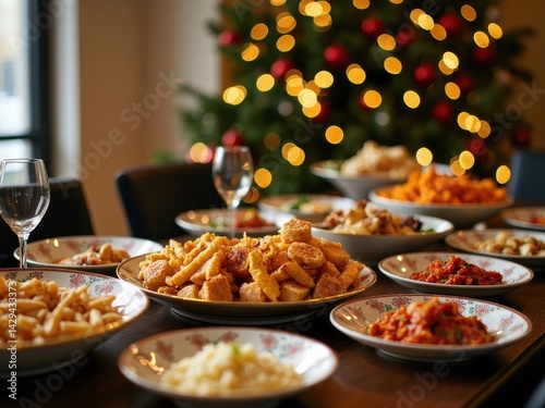 Obraz na płótnie A beautifully arranged dining table showcases an array of delicious holiday meals surrounded by festive decorations, creating a joyful atmosphere. w salonie